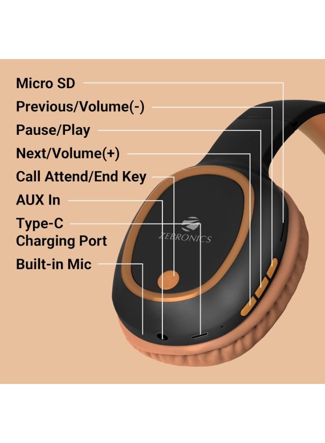 ZEBRONICS Thunder Bluetooth 5.3 Wireless Headphones with 60H Backup, Gaming Mode, Dual Pairing, ENC, AUX, Micro SD, Voice Assistant, Comfortable Earcups, Call Function (Brown) - Image 3